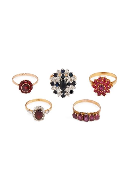 Five Gold and Platinum Multi-Gem Rings