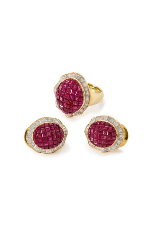 18k Gold Ruby and Diamond Ring and Earrings