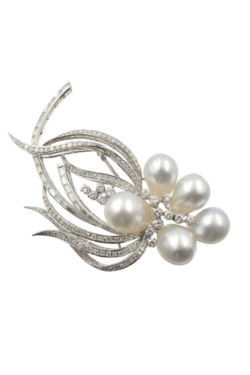 14k Gold Pearl and Diamond Brooch