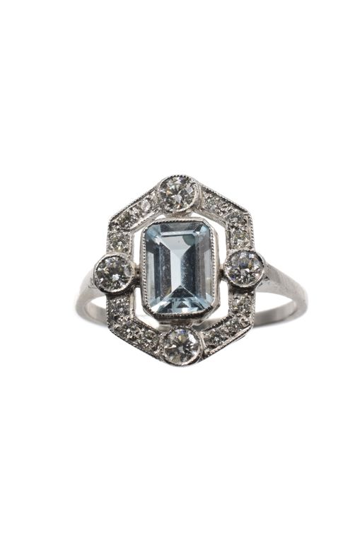 Platinum Aquamarine and Diamond Ring
