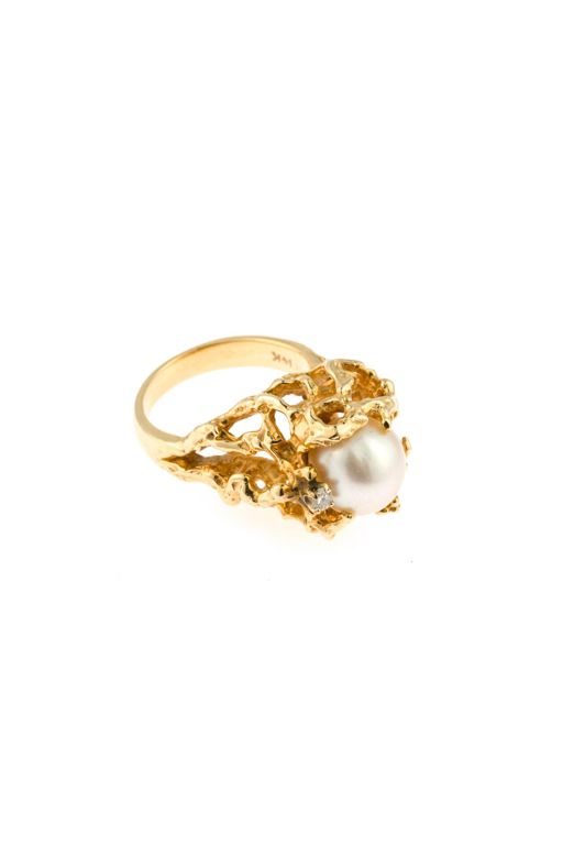 14k Yellow Gold Pearl and Diamond Ring