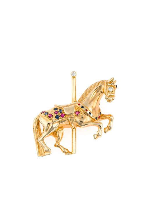 14k Yellow Gold Multi-Gem Carousel Horse Brooch