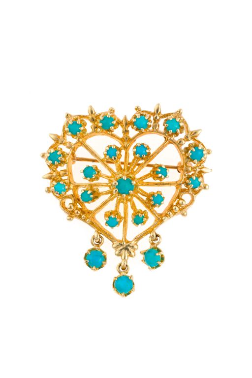 14k Yellow Gold Turquoise Heart Brooch