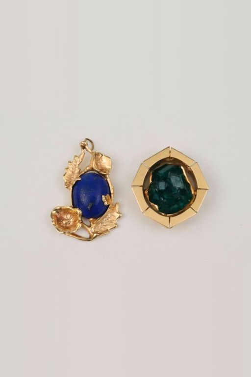 Two 14k Gold Emerald and Lapis Lazuli Pendants