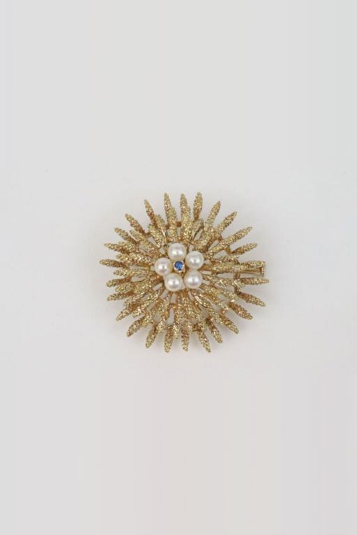 18k Gold Pearl and Sapphire Brooch