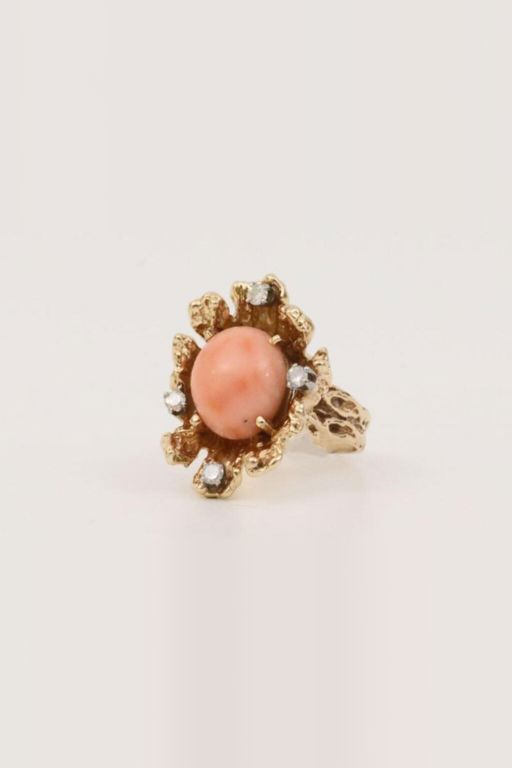 14k Gold Coral and Diamond Ring
