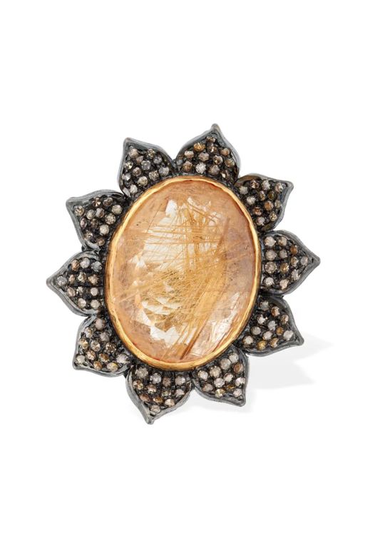 18k Gold Rutilated Quartz and Diamond Ring