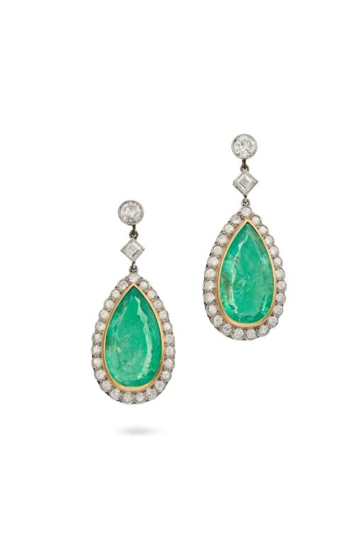 Pair of Emerald and Diamond Earrings