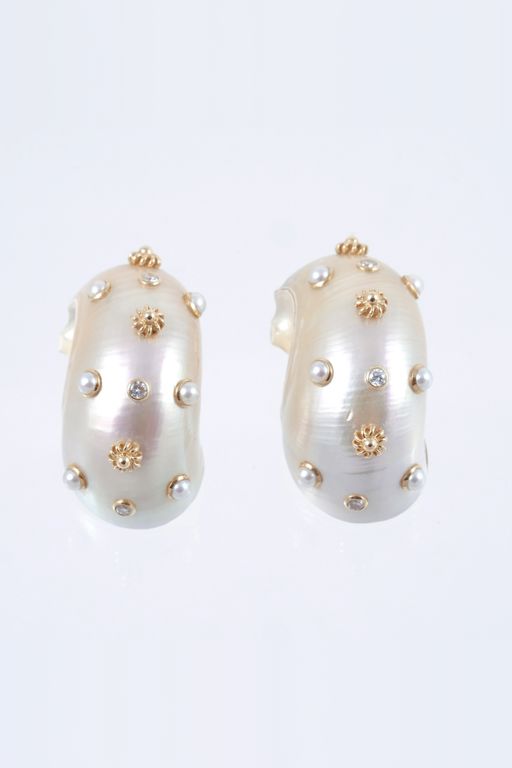 Pair of 14k Gold Pearl and Diamond Earrings