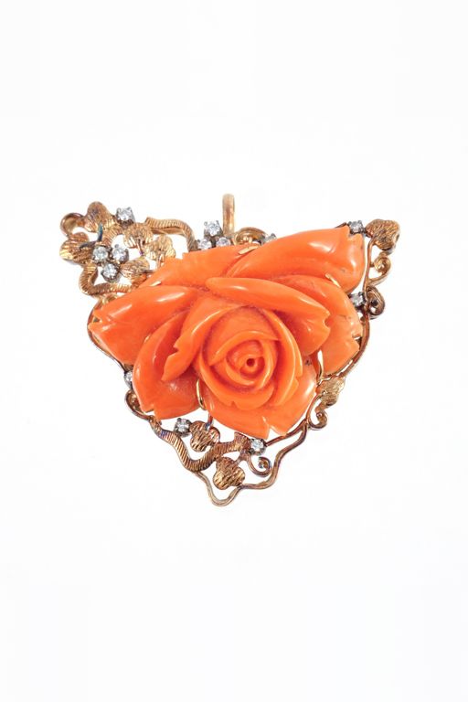 14k Gold Coral and Diamond Brooch Pendant