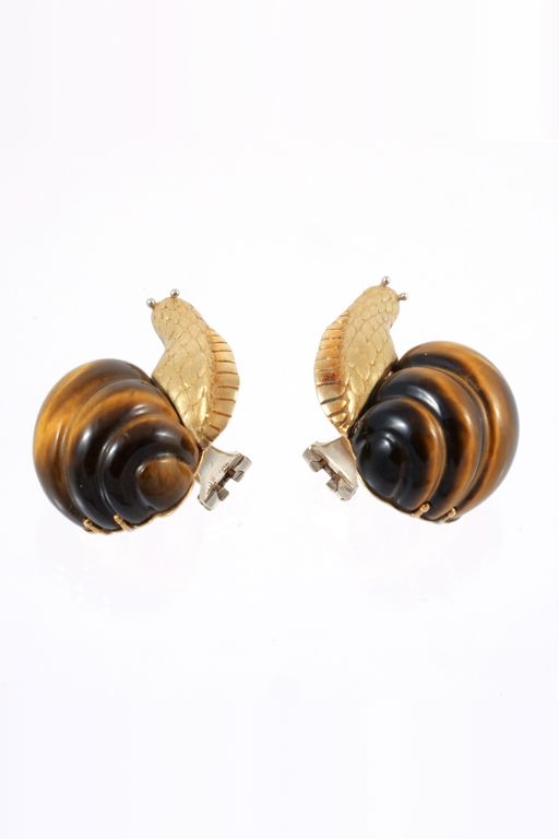 Pair of 18k Gold Tiger Eye Earrings