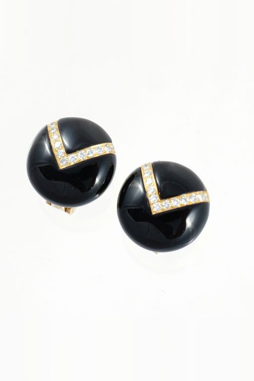 Pair of 18k Gold Onyx and Diamond Earrings