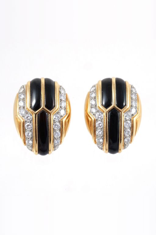 Pair of 18k Gold Onyx and Diamond Earrings