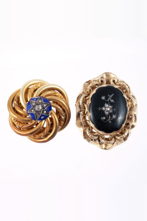 Two 14k Gold Stone and Diamond Brooches
