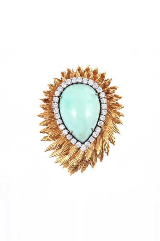 18k Gold Turquoise and Diamond Brooch