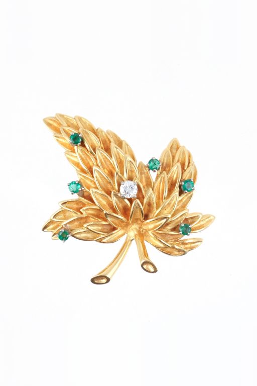 18k Gold Diamond and Emerald Brooch
