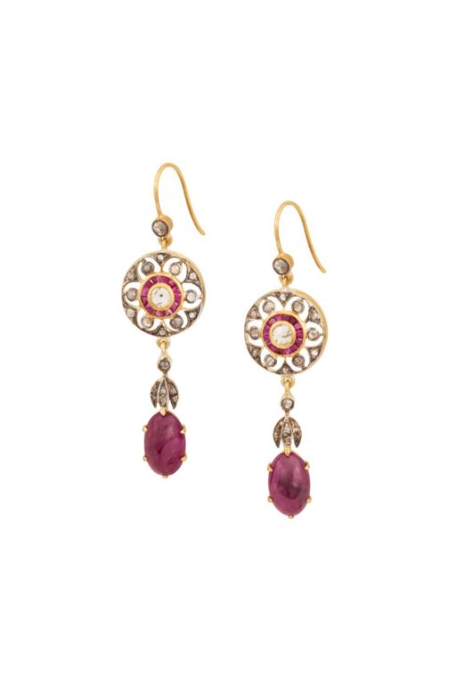 Pair of Gold and Silver Ruby and Diamond Earrings