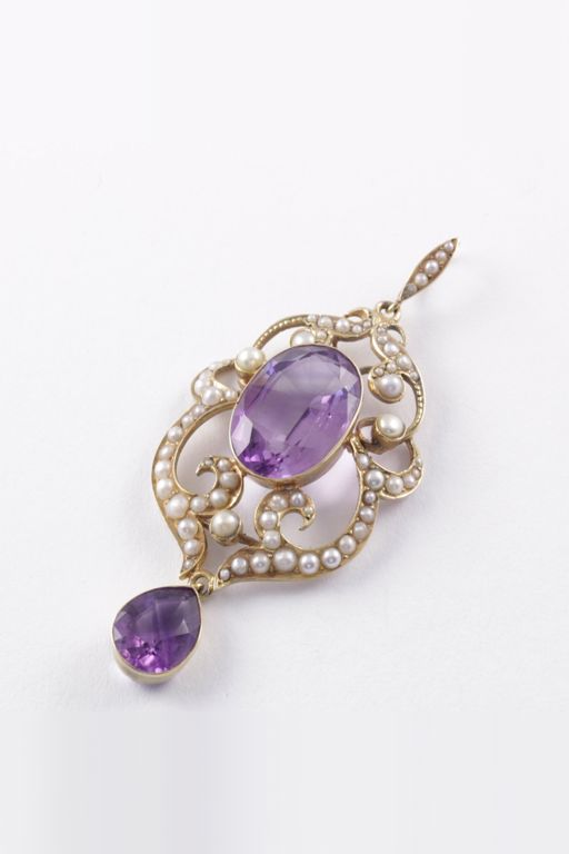 14k Gold Amethyst and Pearl Pendant