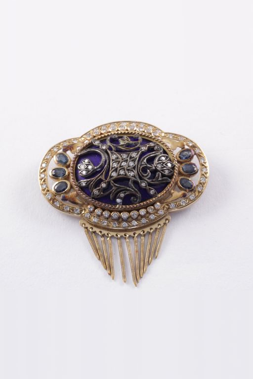 14k Gold, Silver Sapphire and Diamond Brooch