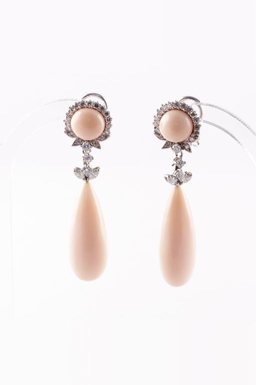 Pair of 18k Gold Coral and Diamond Earrings