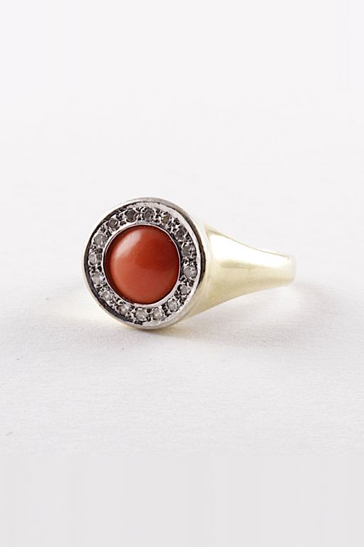 14k Gold Coral and Diamond Ring