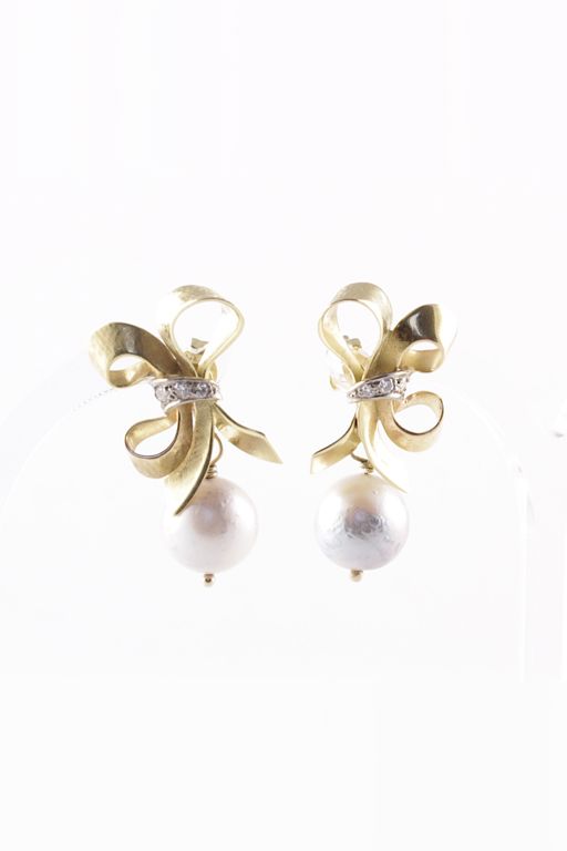 Pair of 14k Gold Pearl and Diamond Earrings