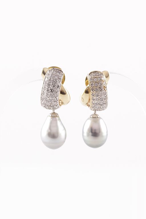 Pair of 18k Gold Pearl and Diamond Earrings