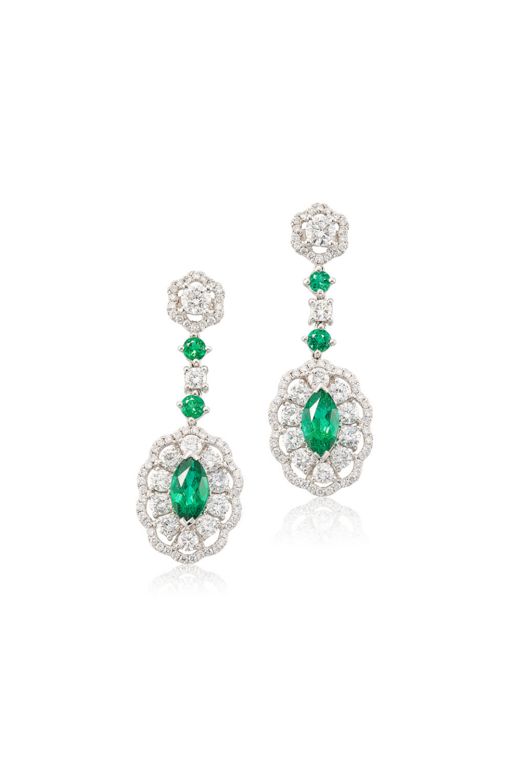 Pair of Platinum Emerald and Diamond Earrings