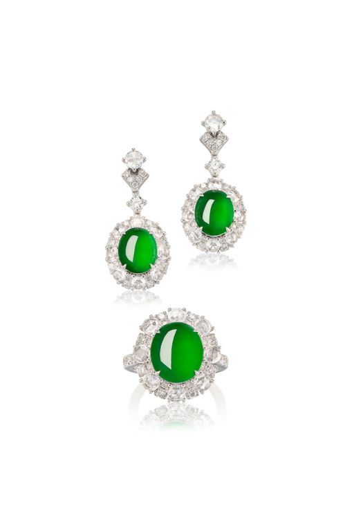 18k Gold Jadeite and Diamond Ring and Earrings
