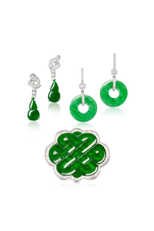 18k Gold Jadeite and Diamond Jewelry Set