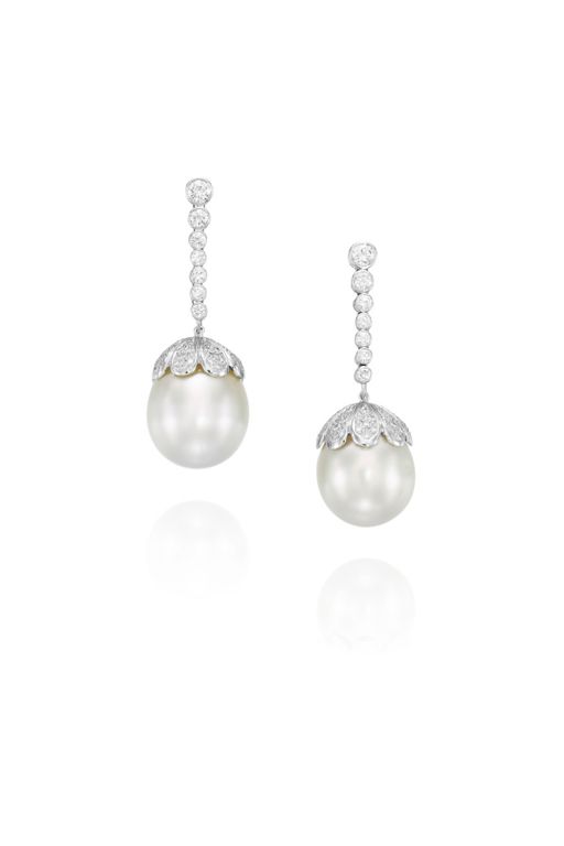 Pair of 18k Gold Pearl and Diamond Earrings