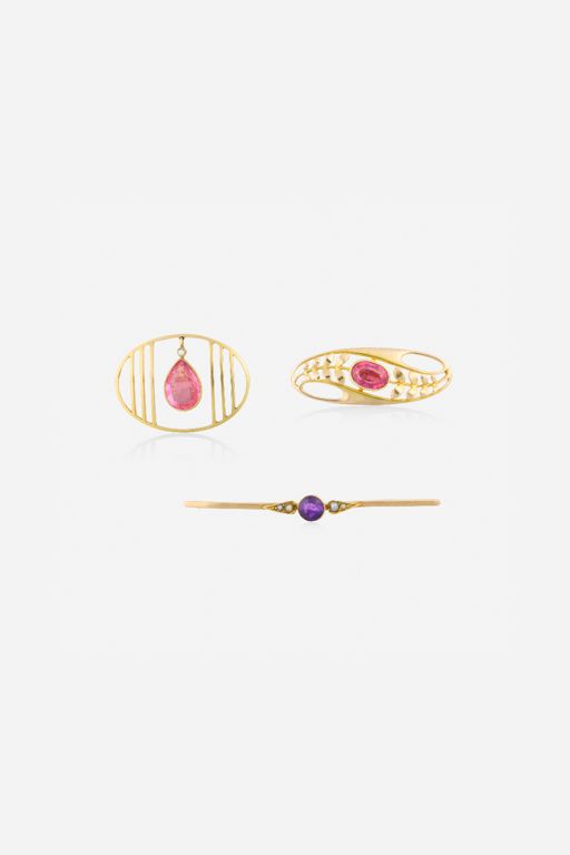Three Gold Multi-Gem Brooches