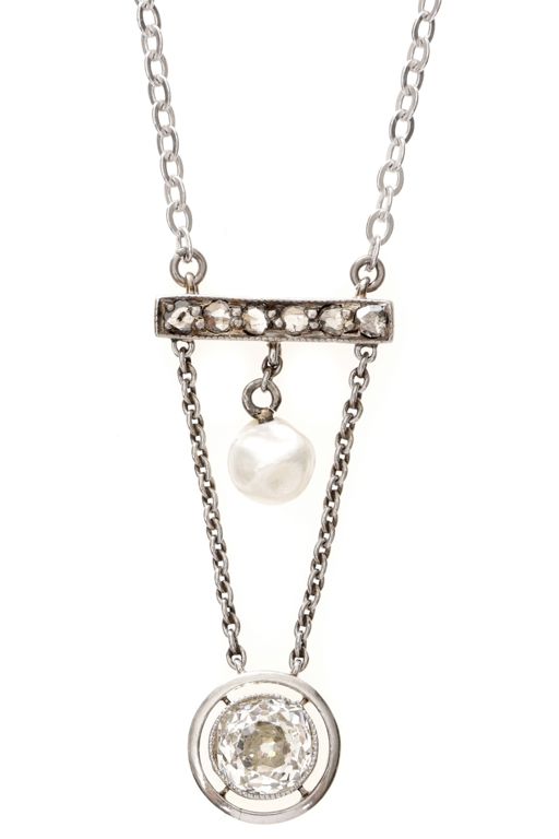 14k Gold and Silver Diamond and Pearl Necklace