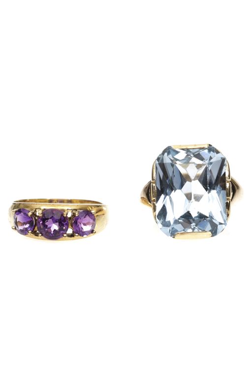 Two 14k Gold Amethyst and Light Blue Stone Rings