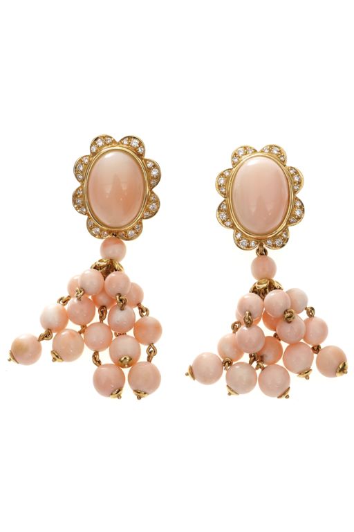 Pair of 18k Gold Coral and Diamond Earrings