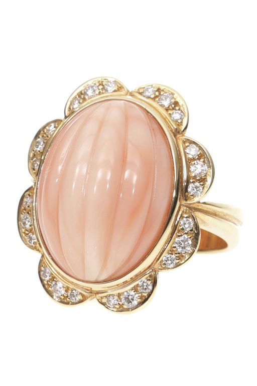 18k Gold Coral and Diamond Ring