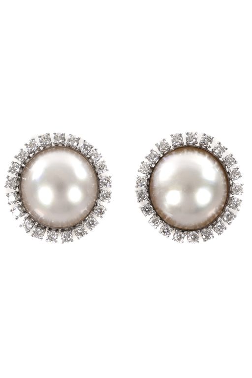 Pair of 14k Gold Simulated Pearl and Diamond Earrings