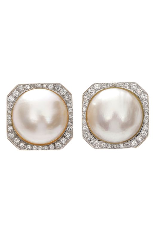 Pair of 14k Gold Pearl and Diamond Earrings