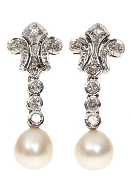 Pair of 18k Gold Pearl and Diamond Earrings