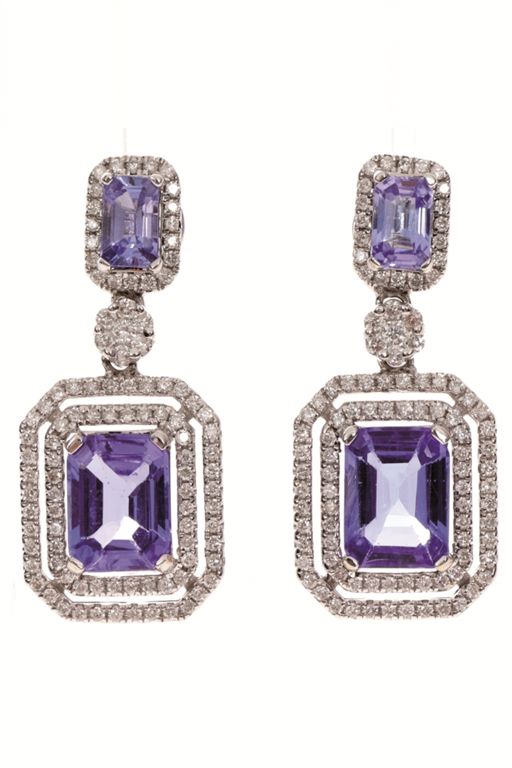 Pair of 18k Gold Tanzanite and Diamond Earrings