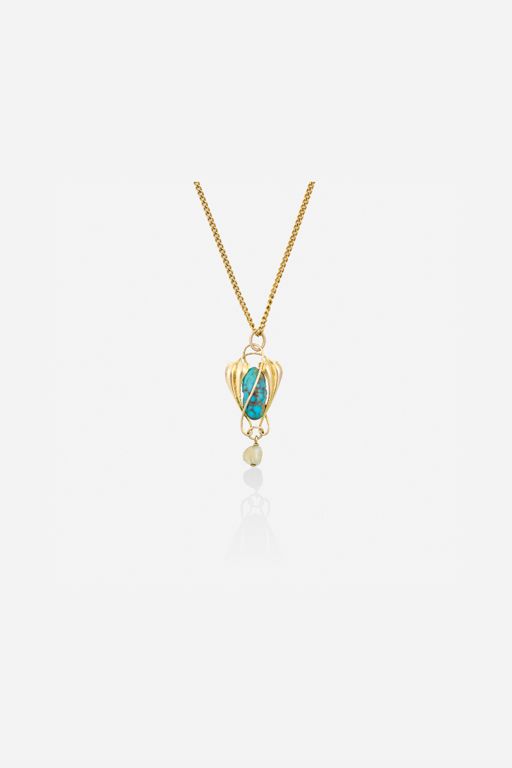 9k Gold Turquoise and Pearl Pendant Necklace