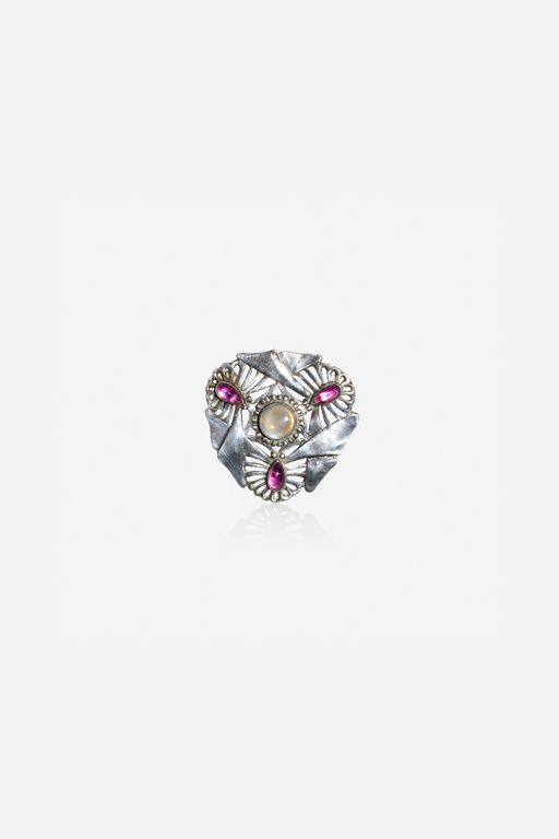 Silver Moonstone and Tourmaline Brooch