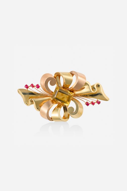 14k Gold Citrine and Ruby Brooch