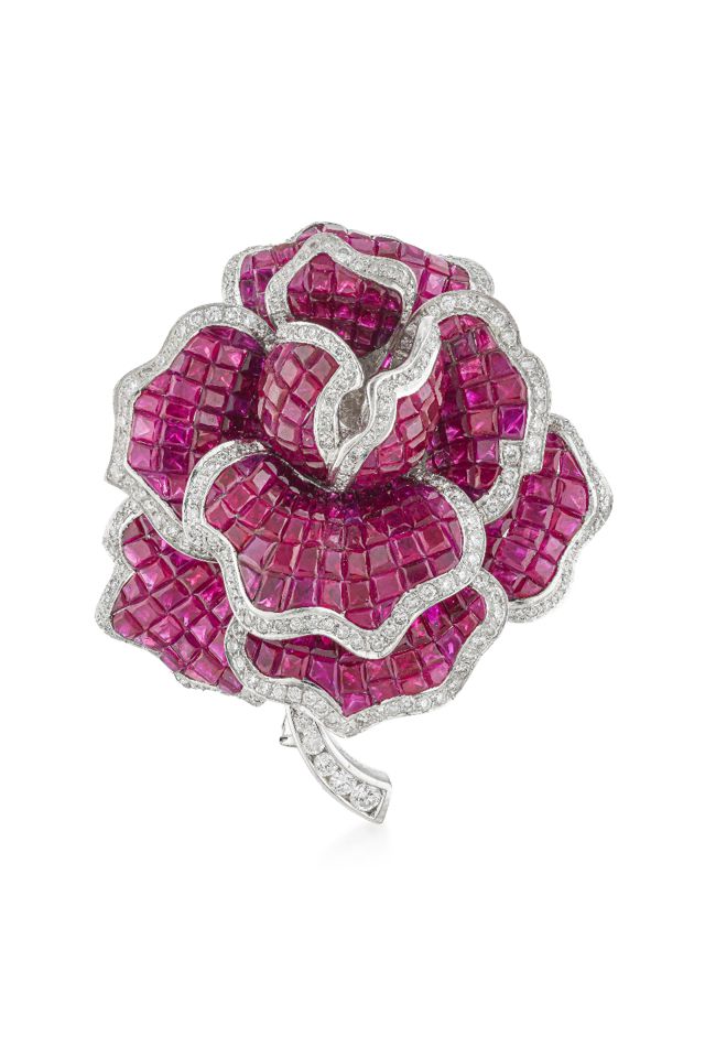 18k Gold Ruby and Diamond Brooch