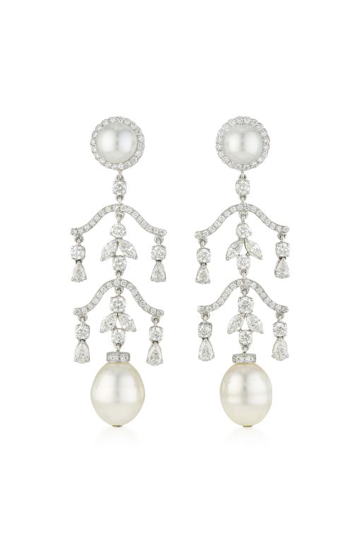 Pair of Platinum Pearl and Diamond Earrings
