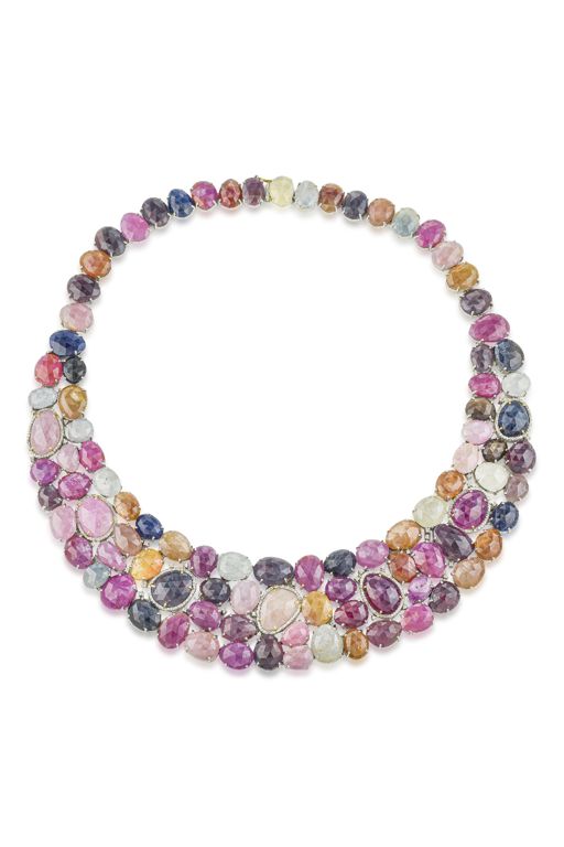 Silver, 14k Gold Sapphire and Diamond Necklace