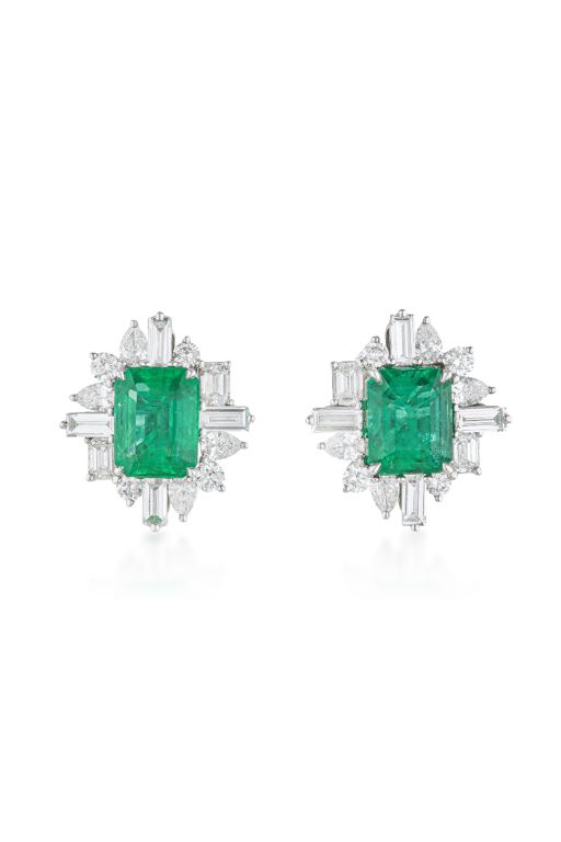 Pair of 18k Gold Emerald and Diamond Earrings