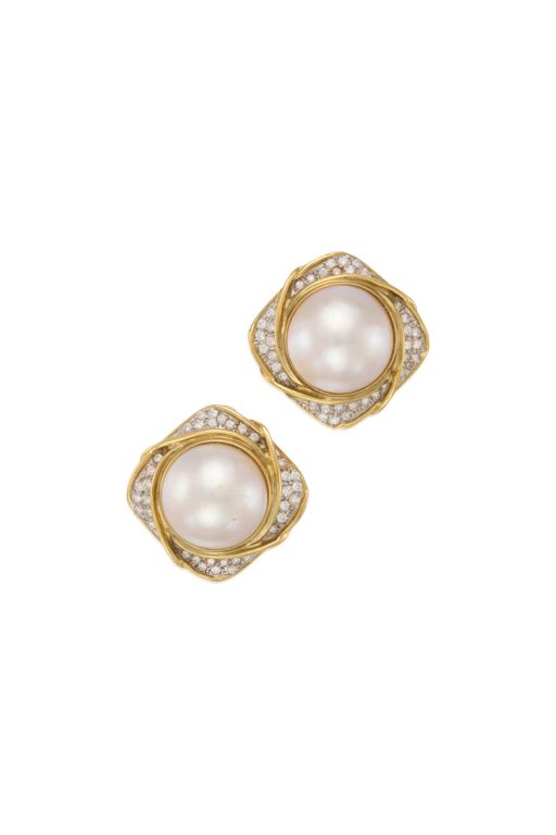 Pair of Gold Pearl and Diamond Earrings