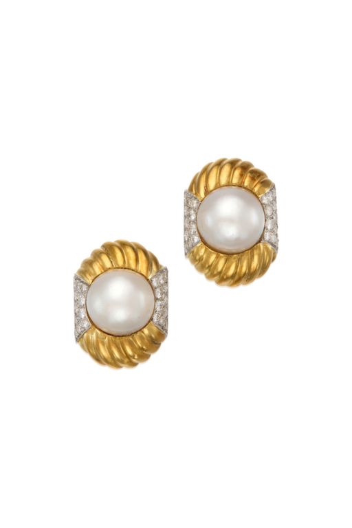 Pair of Gold, Platinum Pearl and Diamond Earrings