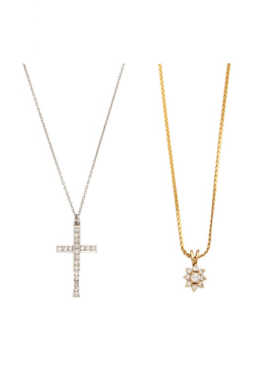 Two Gold and Platinum Diamond Pendant Necklaces